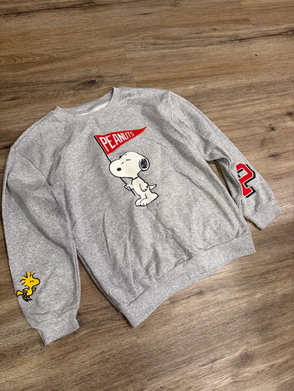 NWOT Peanuts Snoopy Woodstock Light Gray Crewneck Chenille Patch and Embroidery